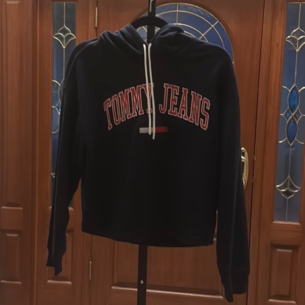 Tommy Hilfiger Navy Embroidered Logo Crop Hoodie Sweatshirt